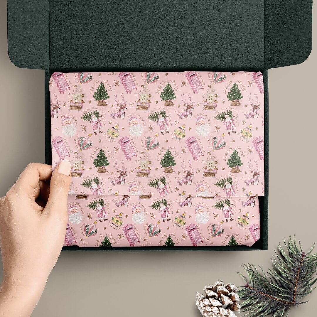 Vintage Santa Retro Pink Christmas Custom Monogram Tissue Paper