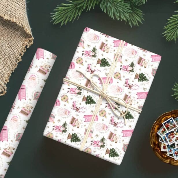 Vintage Santa Retro Pink Christmas Custom Monogram White Wrapping Paper