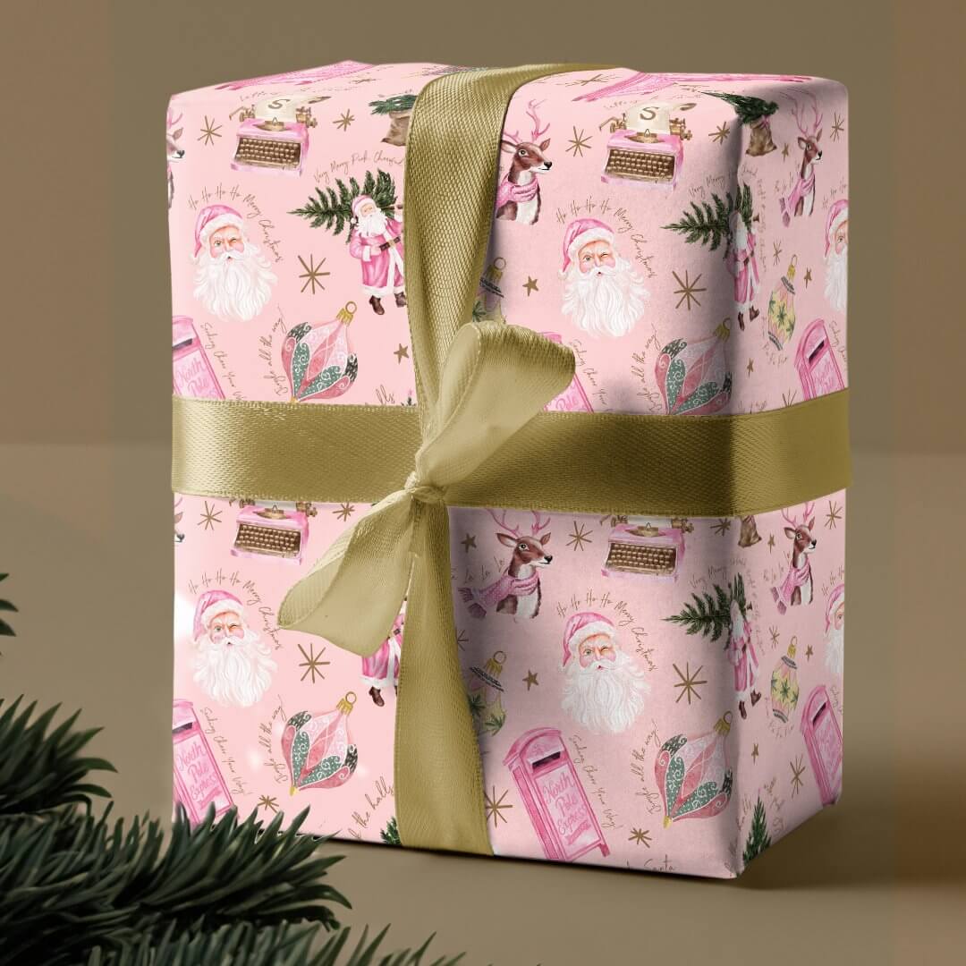 Vintage Santa Retro Pink Christmas Custom Monogram Pink Wrapping Paper
