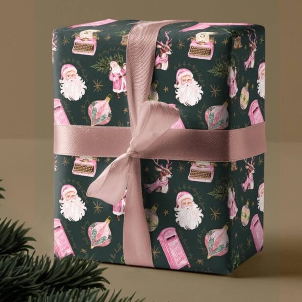 Vintage Santa Retro Pink Christmas Custom Monogram Green Wrapping Paper