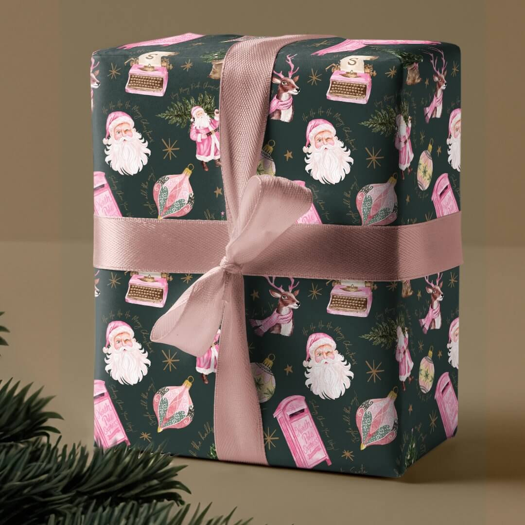 Vintage Santa Retro Pink Christmas Custom Monogram Green Wrapping Paper