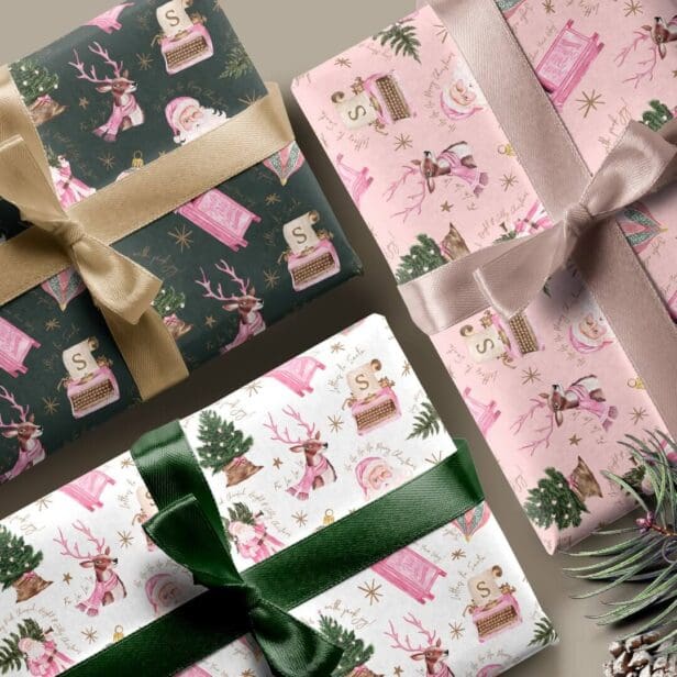 Vintage Santa Retro Pink Christmas Custom Monogram Wrapping Paper Sheets