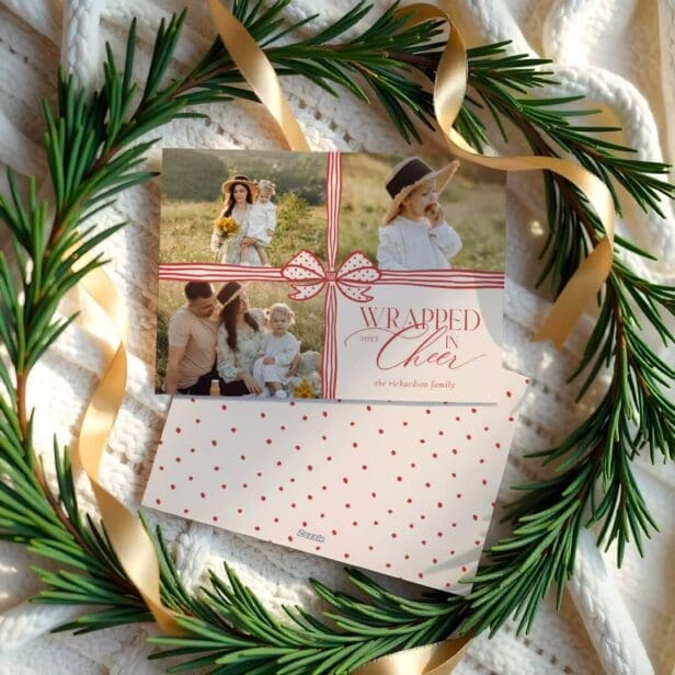 Wrapped in Cheer Elegant Red Bow Present Photo Collage Holiday Card
