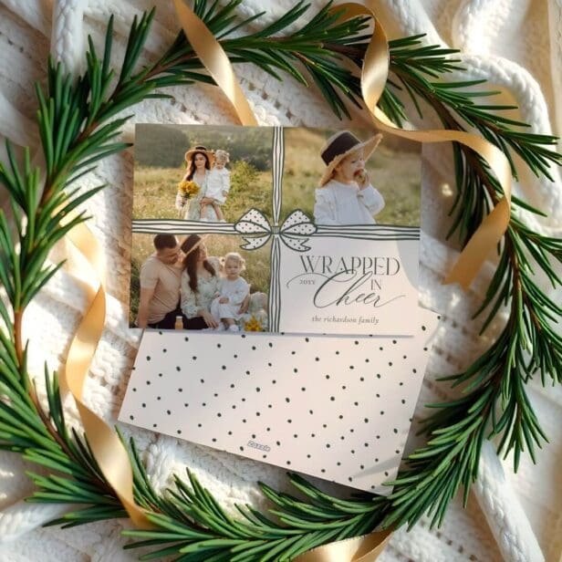 Wrapped in Cheer Elegant Green Bow Present Photo Collage Holiday Card