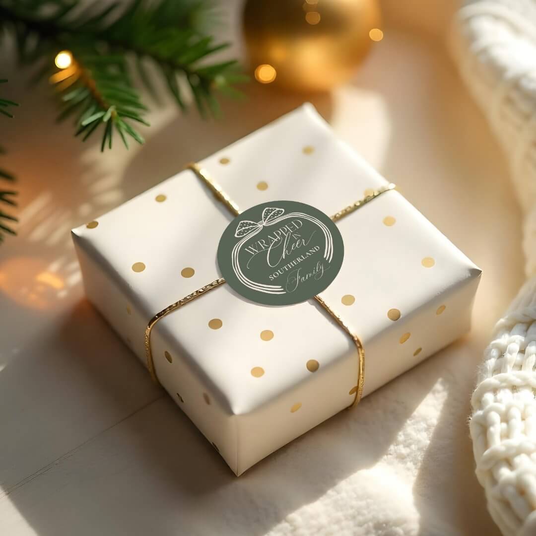 Wrapped In Cheer Elegant Polka Dot Christmas Bow Green Classic Round Sticker