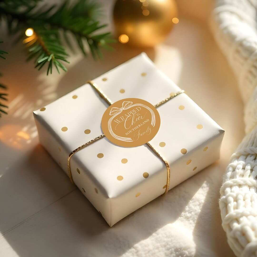 Wrapped In Cheer Elegant Polka Dot Christmas Bow Golden Classic Round Sticker