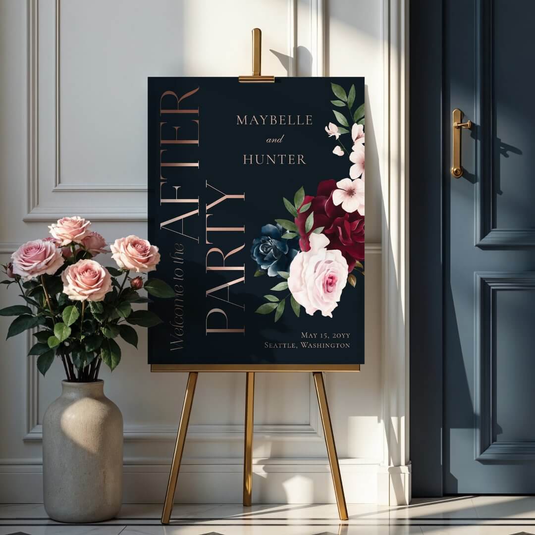 After Party Elegant Navy Watercolor Floral Welcome Foam Board