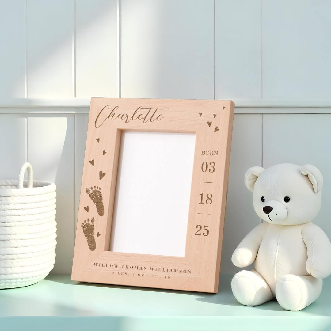 Baby Name Script & Birth Stats Footprints & Hearts Etched Frames