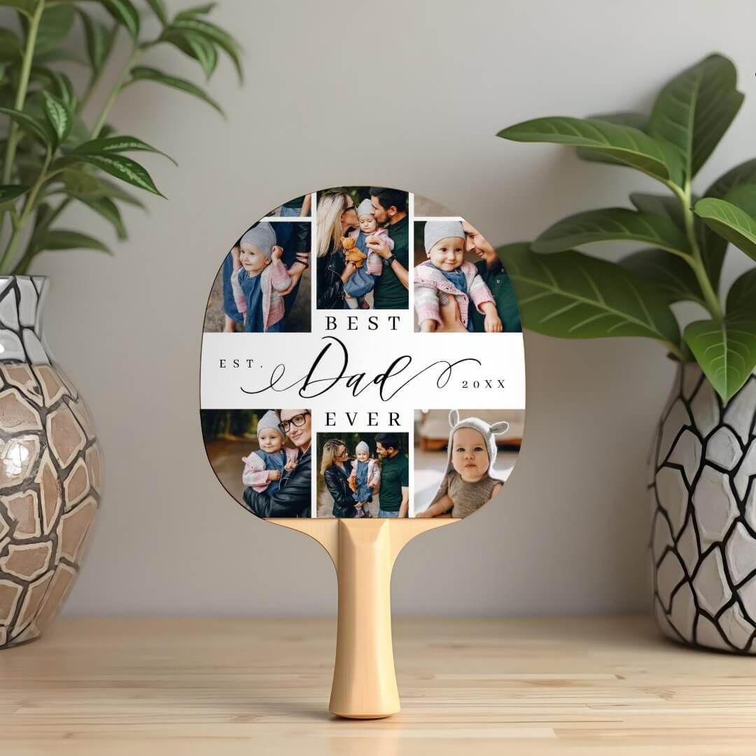 Best Dad Ever Script Father's Day 8 Photo Collage Ping Pong Paddle