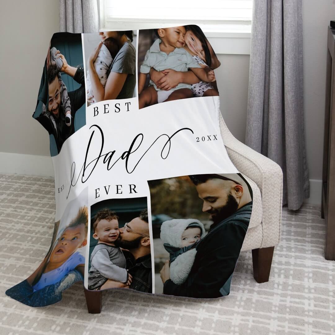 Best Dad Ever Script Fathers Day Photo Collage Fleece Blanket