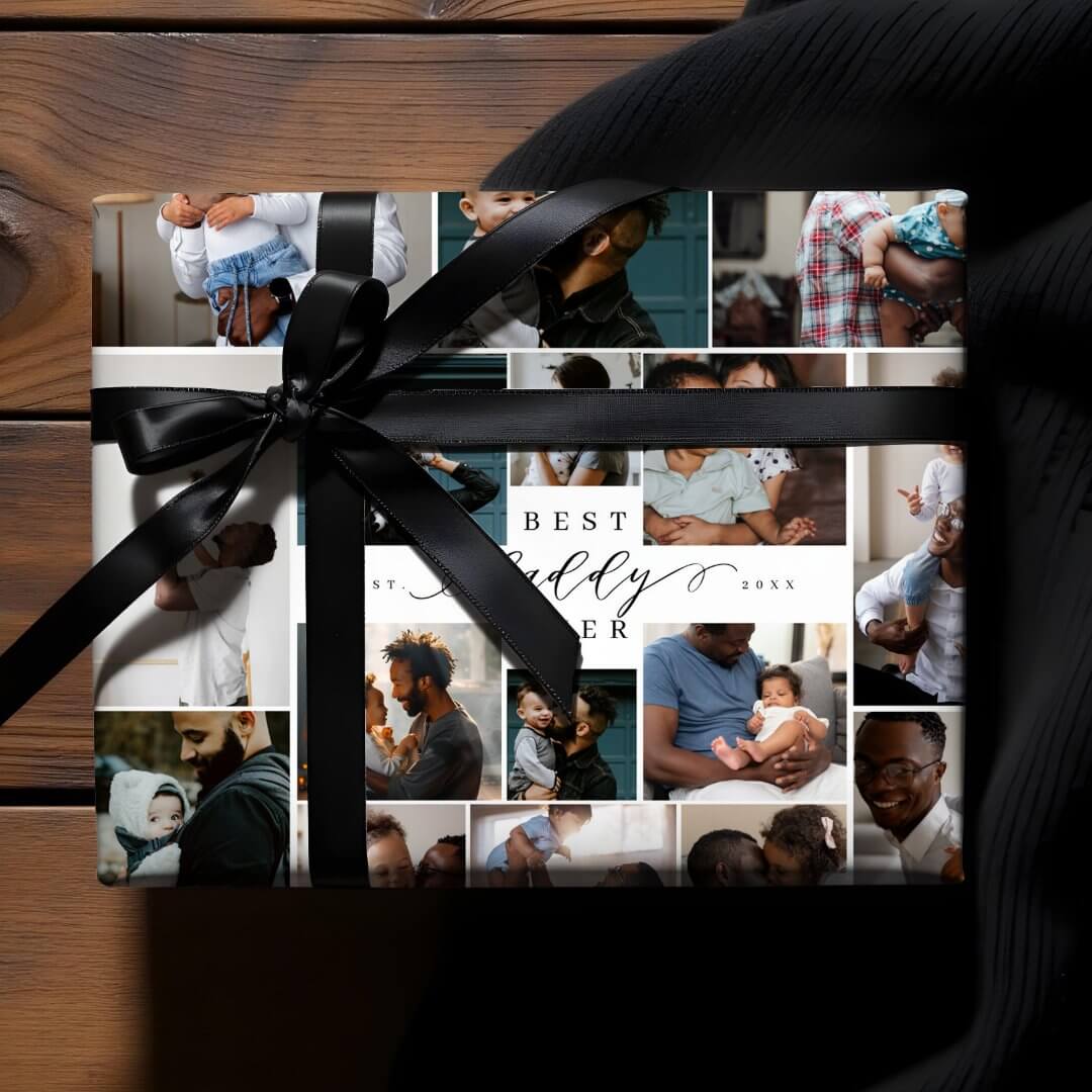 Best Daddy Ever Script Fathers Day Photo Collage Wrapping Paper Sheets