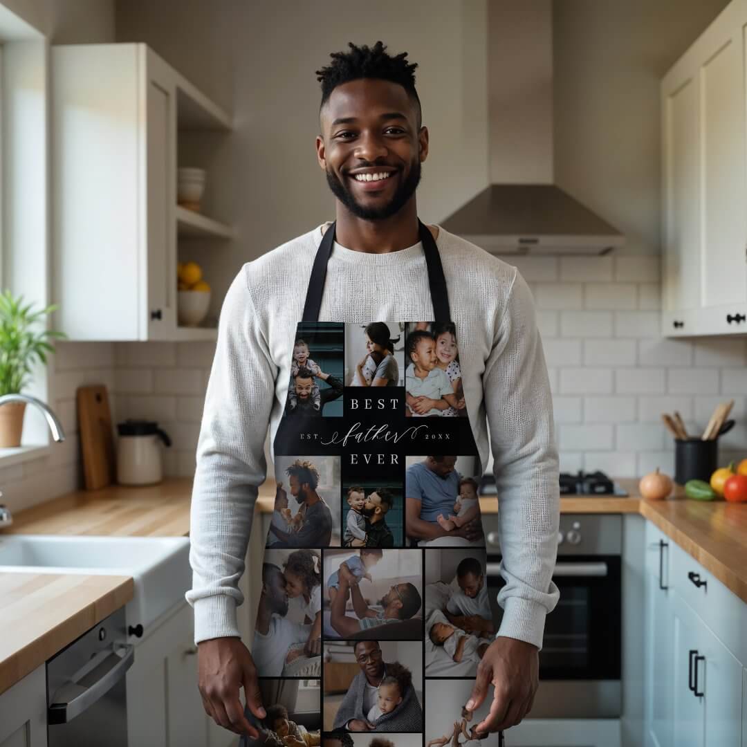 Best Father Ever Script Fathers Day Photo Collage Black Apron