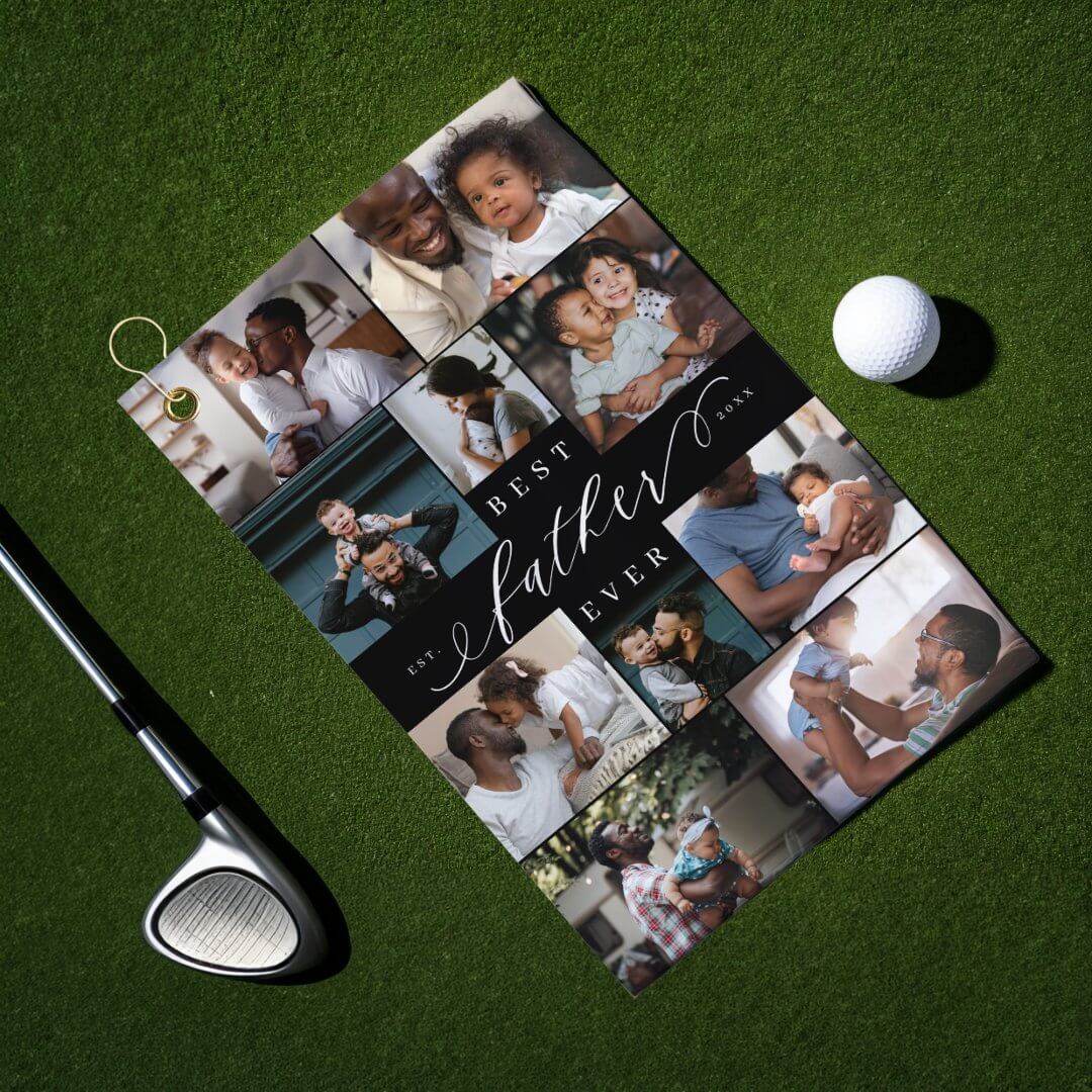 Best Father Ever Script Fathers Day Photo Collage Black Golf Towel