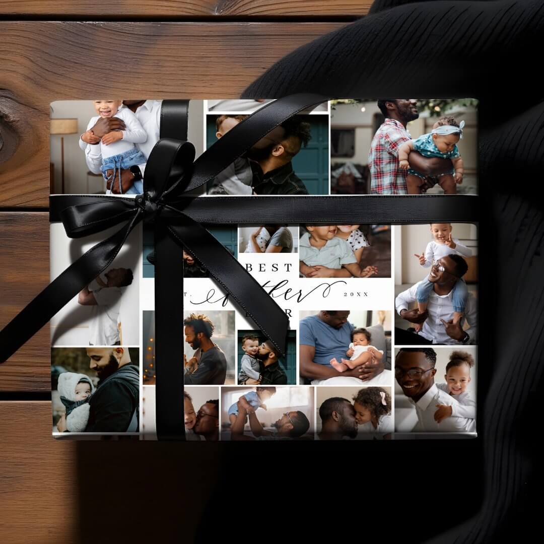 Best Father Ever Script Fathers Day Photo Collage Wrapping Paper Sheets