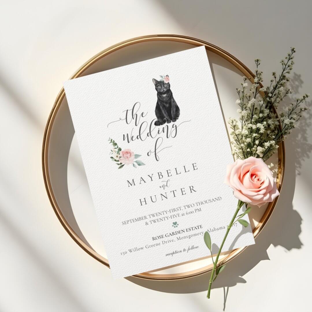 Black Cat Watercolor Pet Floral Pink Rose Wedding Invitation