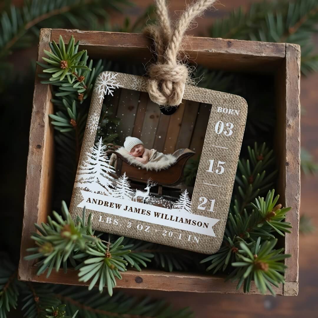 Brown Burlap Pine Tree Baby Birth Stats & Photos Ceramic Ornament