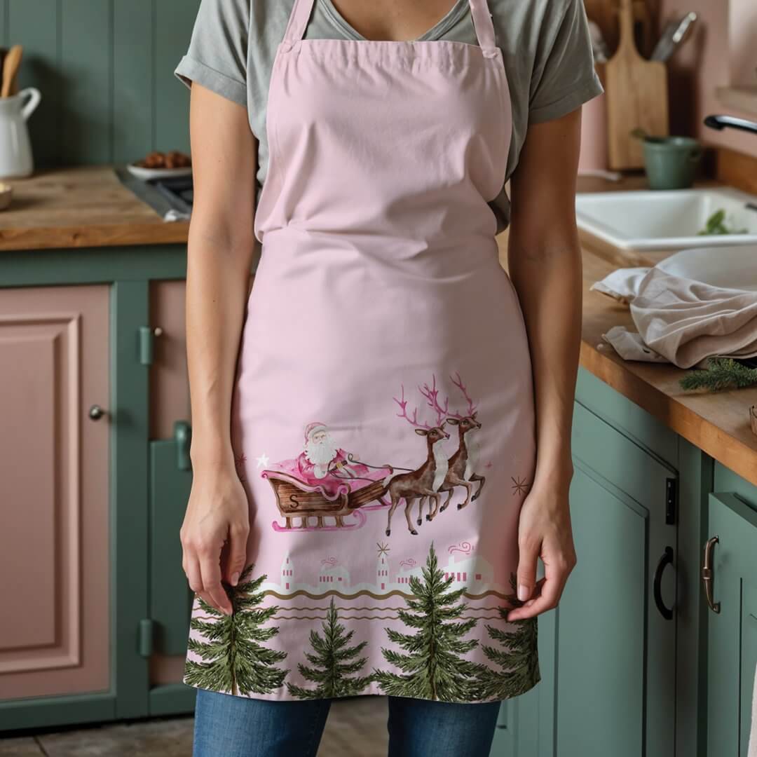Fa La Merry Pink Christmas Santa Seligh Reindeer Apron
