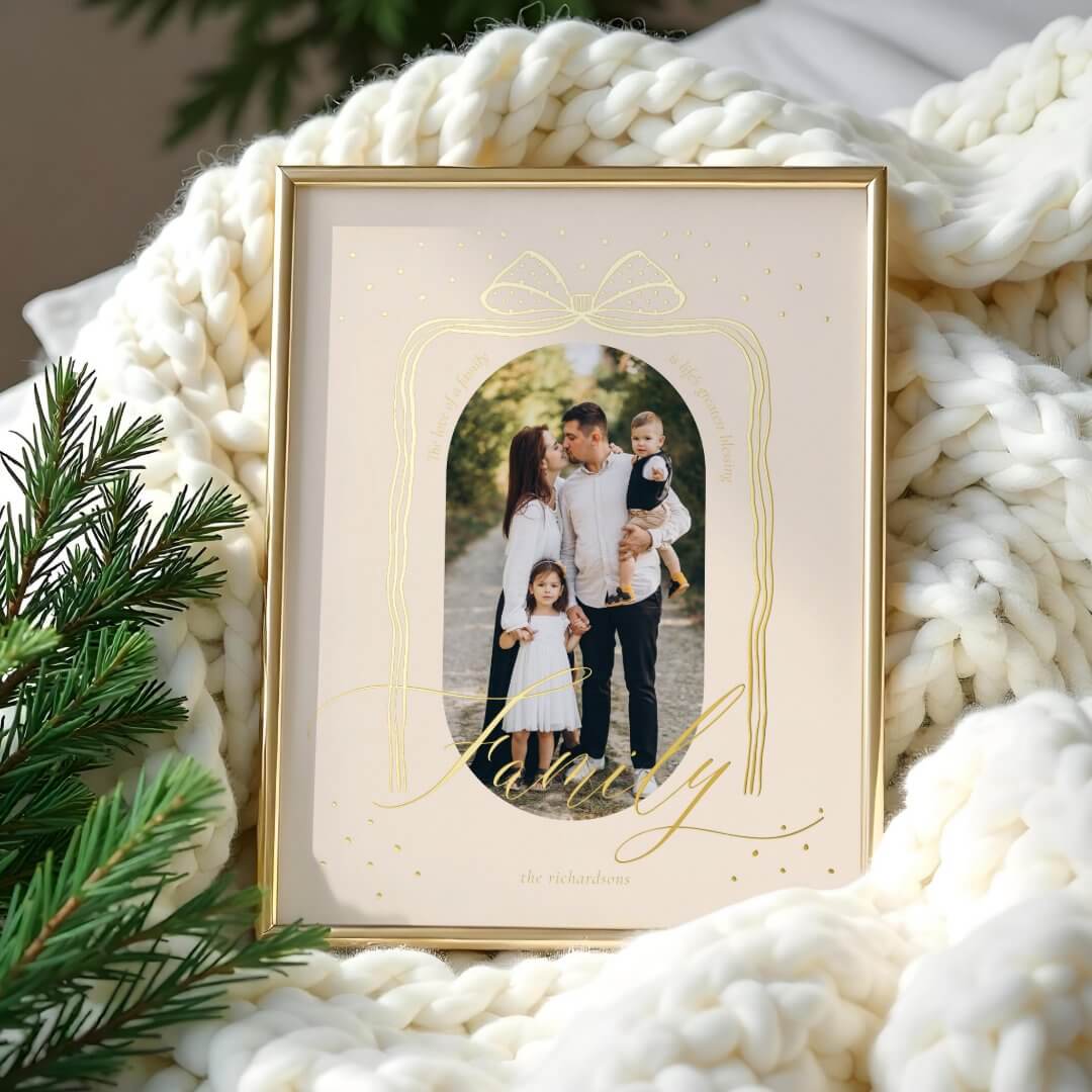 Family Script Classy Chic Christmas Bow Arch Photo Foil Prints