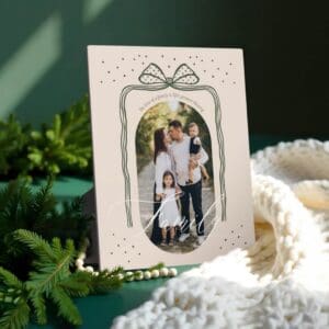 Family Script Classy Green Chic Christmas Bow Arch Photo Plaque
