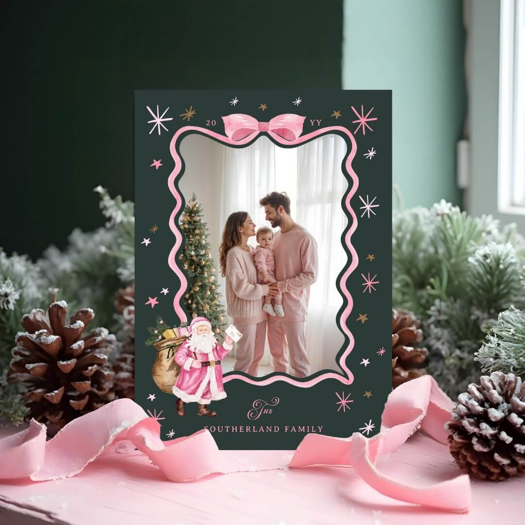 Fun Retro Santa Wavy Pink Ribbon Photo Christmas Holiday Card