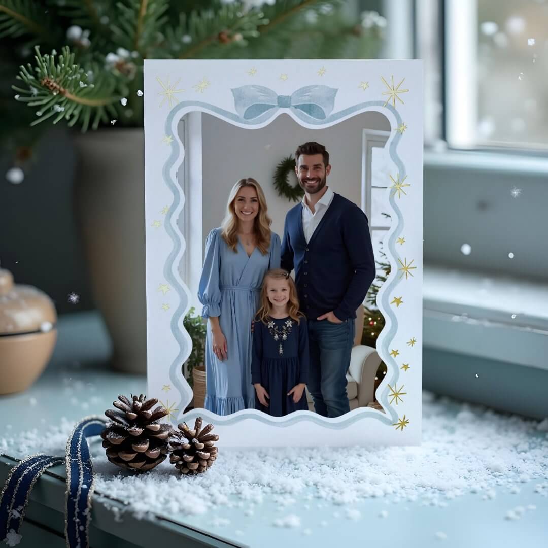 Fun Retro Wavy Blue Ribbon & Stars Photo Christmas Foil Holiday Card