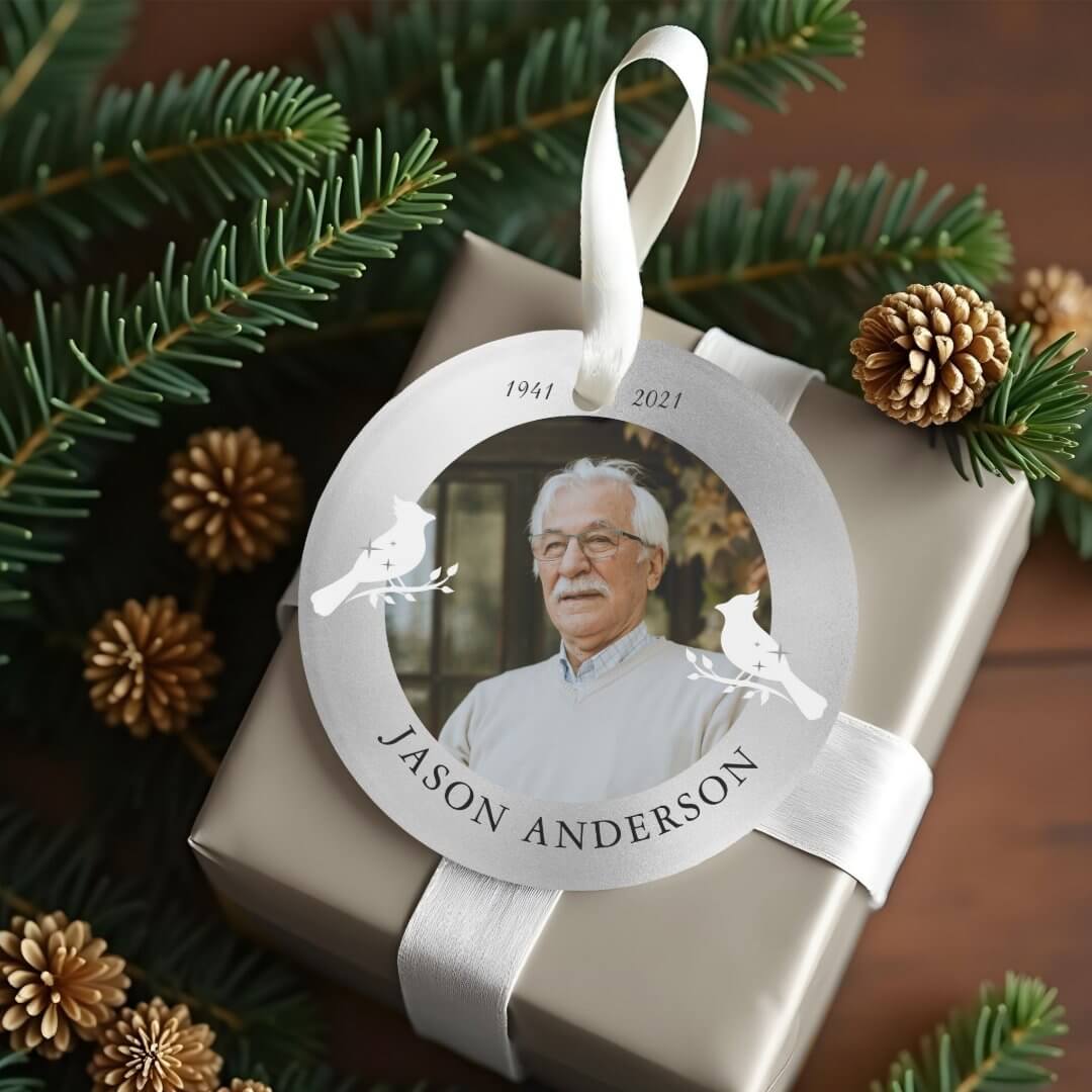 Memorial Keepsake Cardinal Bird Faux Silver Photo Ornament