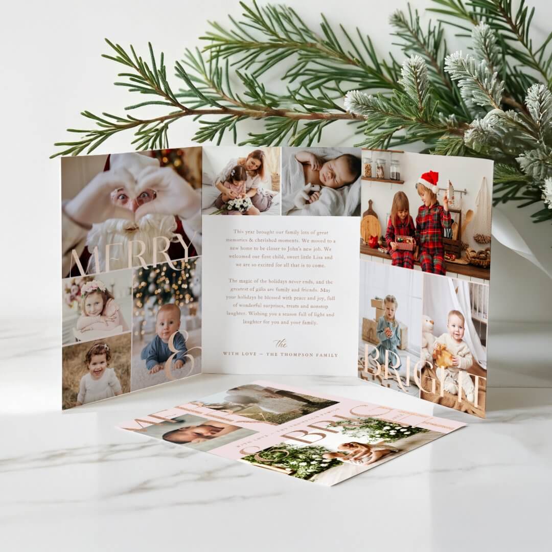 Merry & Bright Modern Bold Family Photo Collage Pink Tri-Fold Holiday Card