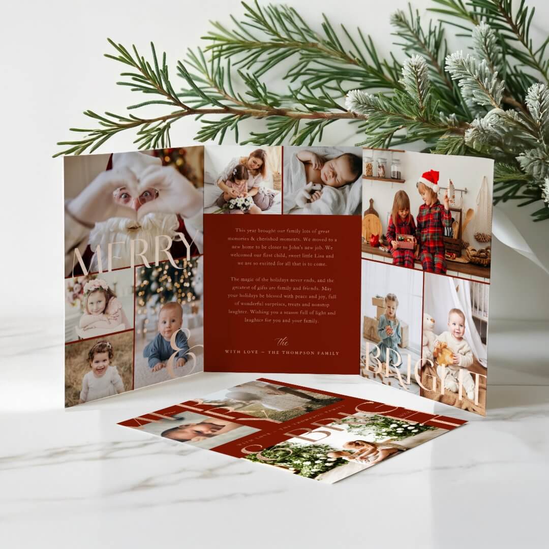 Merry & Bright Modern Bold Family Photo Collage Red Tri-Fold Holiday Card