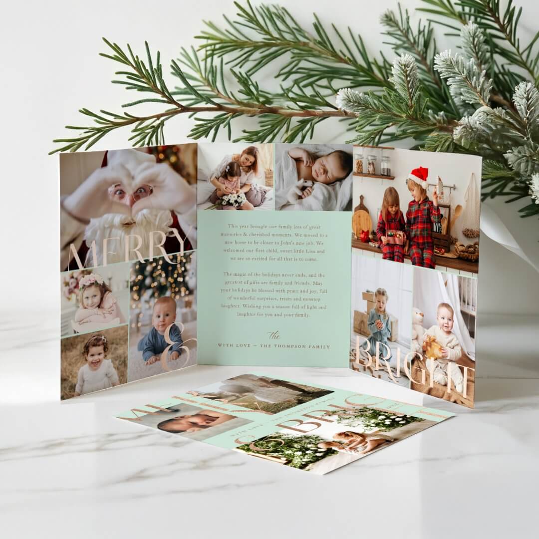 Merry & Bright Modern Bold Family Photo Collage Mint Tri-Fold Holiday Card