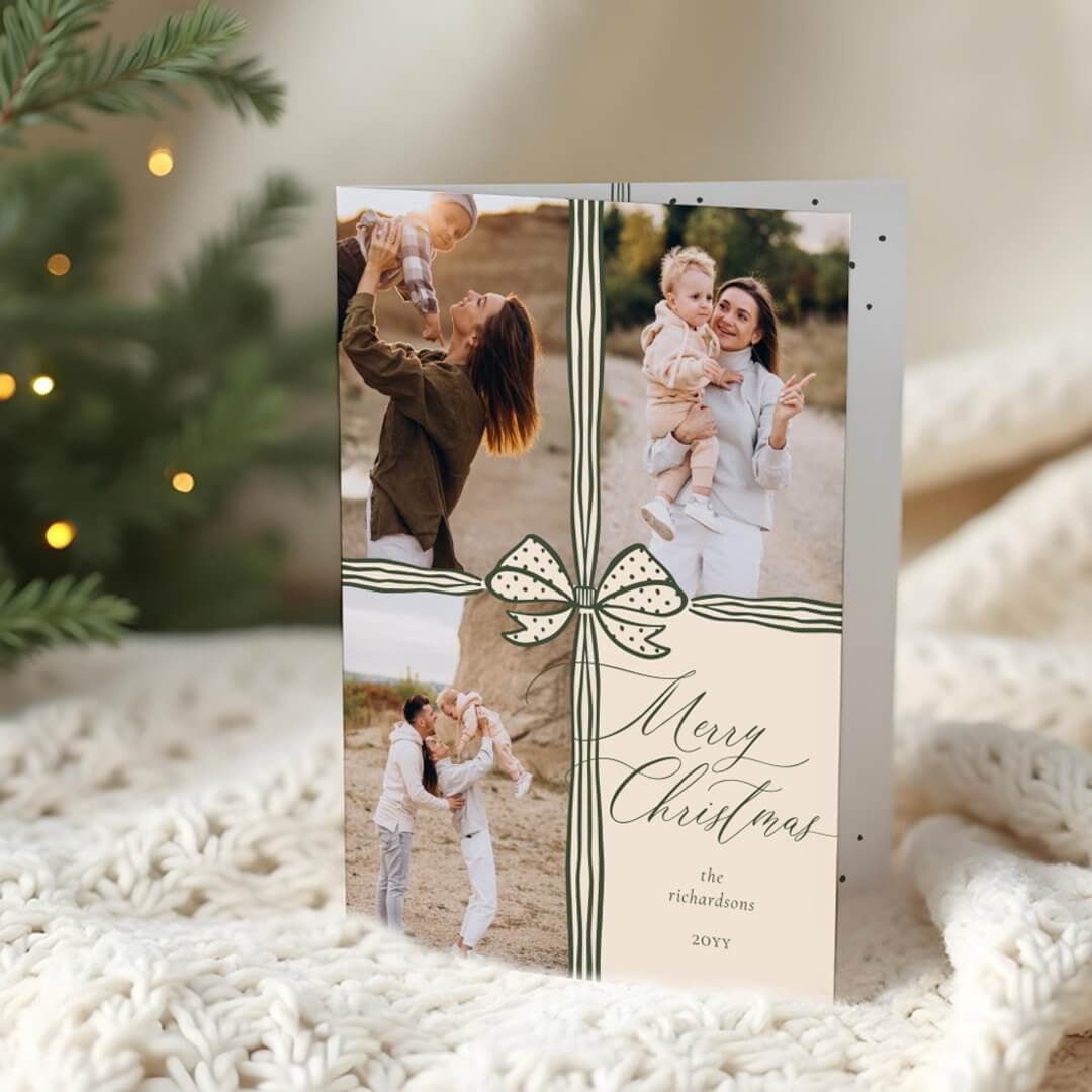 Merry Christmas Elegant Bow Present Photo Collage Holiday Card