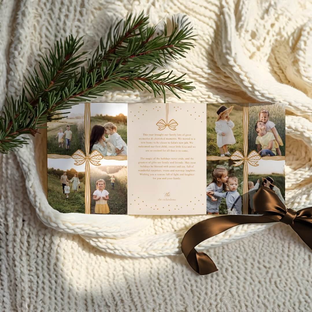 Merry Christmas Elegant Golden Bow Present Photo Collage Tri-Fold Holiday Card