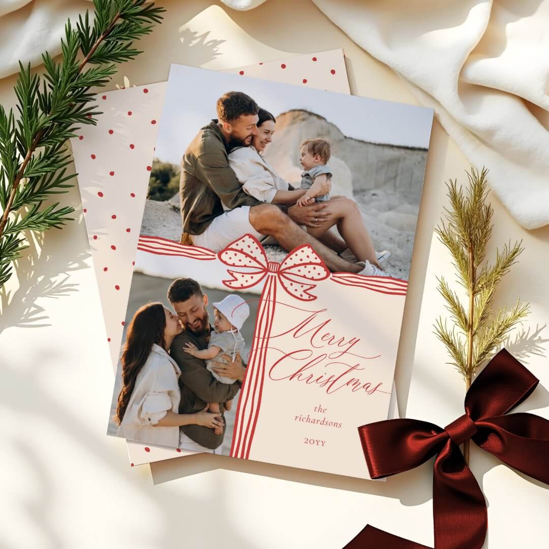 Merry Christmas Elegant Red Bow & Ribbon Photo Collage Holiday Card