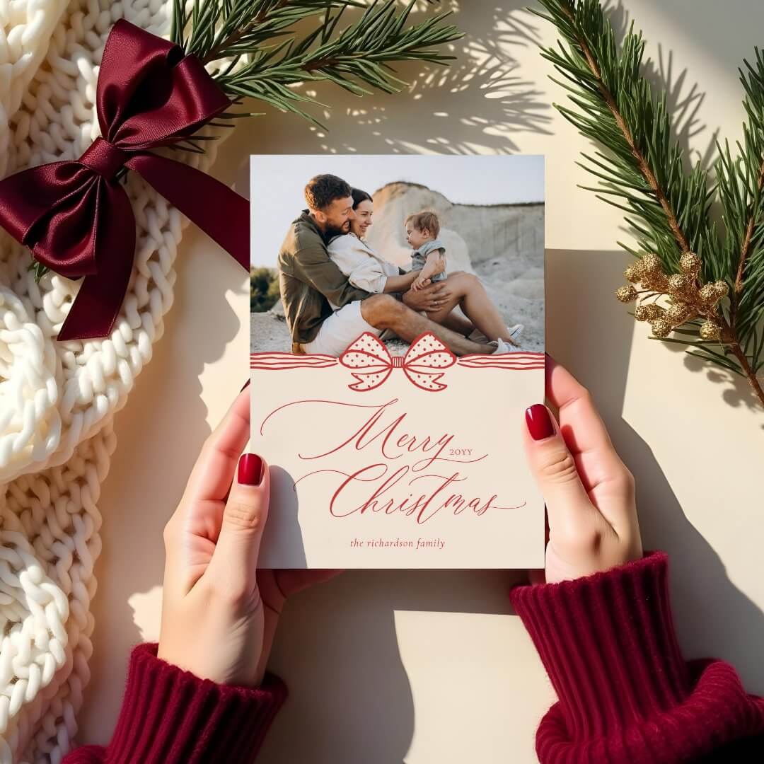 Merry Christmas Script Elegant Red Bow & Ribbon Photo Holiday Card