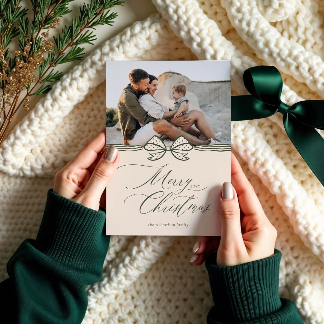 Merry Christmas Script Elegant Green Bow & Ribbon Photo Holiday Card