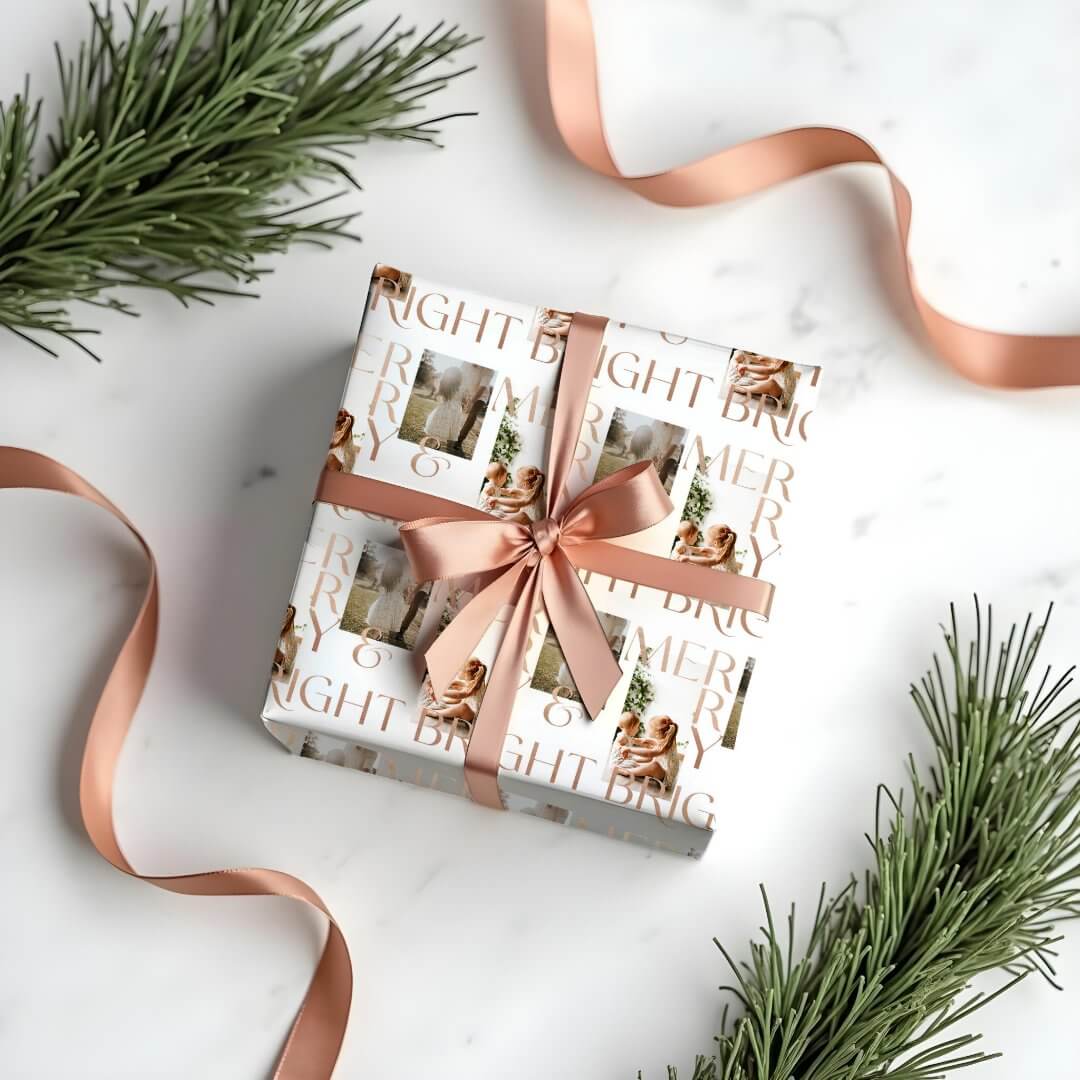 Modern Merry Bright Bold Typography 2 Photo White Wrapping Paper