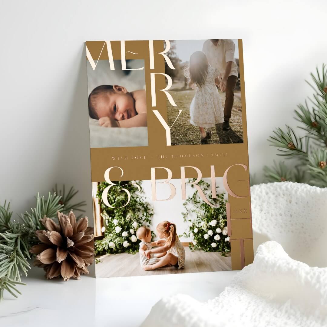 Modern Merry & Bright Bold Typography 3 Photo Golden Foil Holiday Card