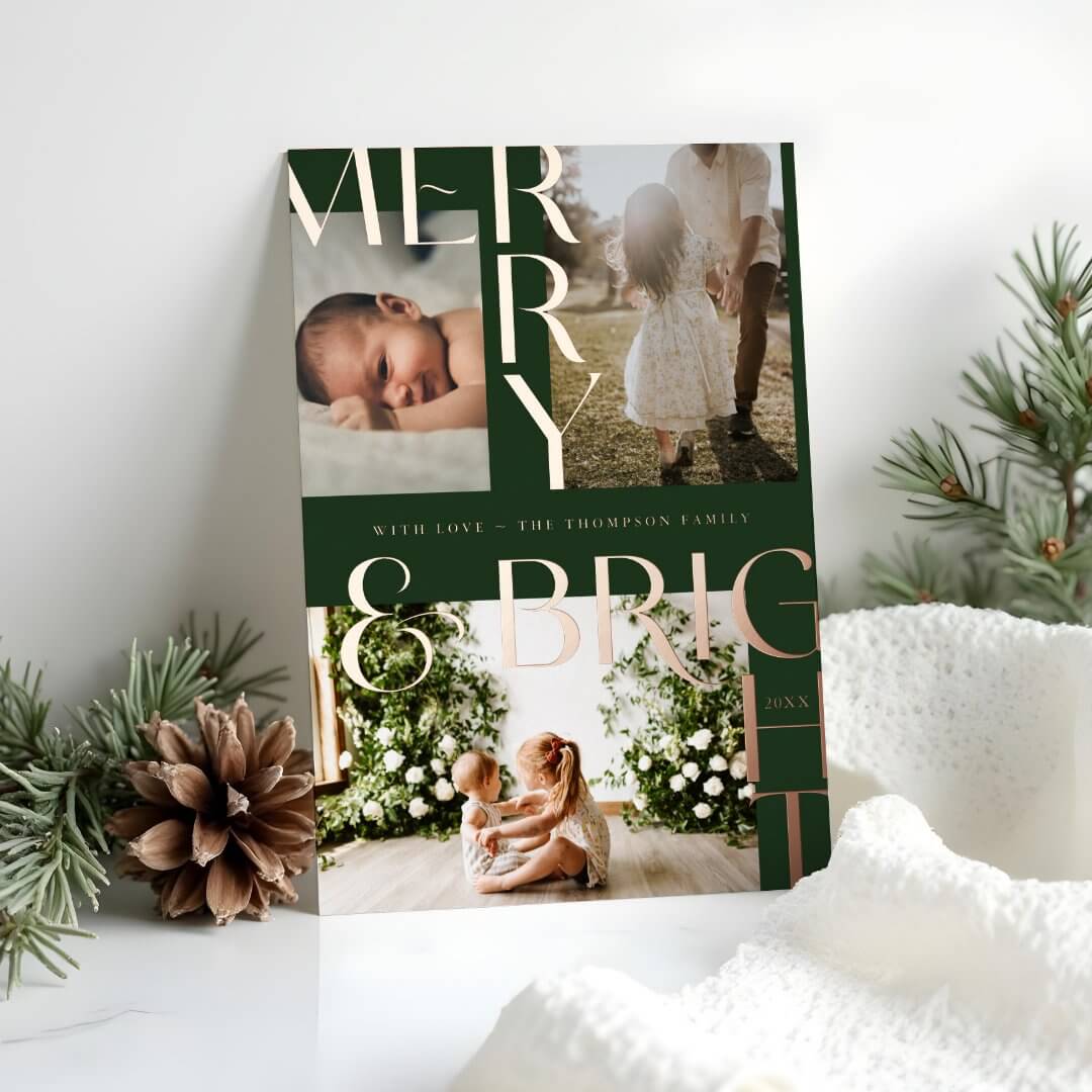 Modern Merry & Bright Bold Typography 3 Photo Green Foil Holiday Card