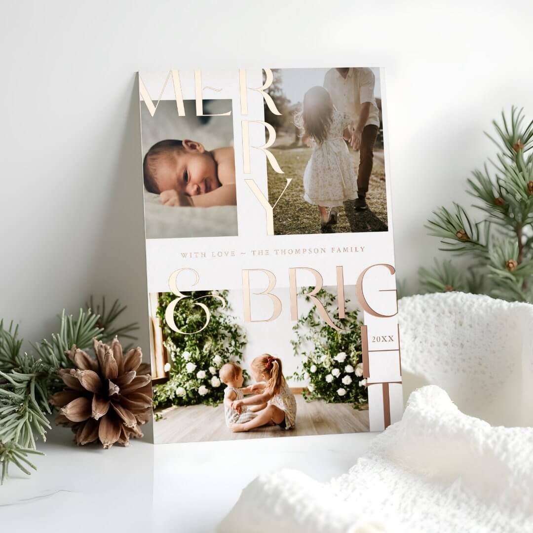 Modern Merry & Bright Bold Typography 3 Photo White Foil Holiday Card