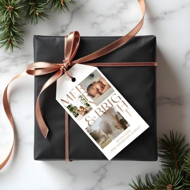 Modern Merry Bright Bold Typography 3 Photo White Gift Tags