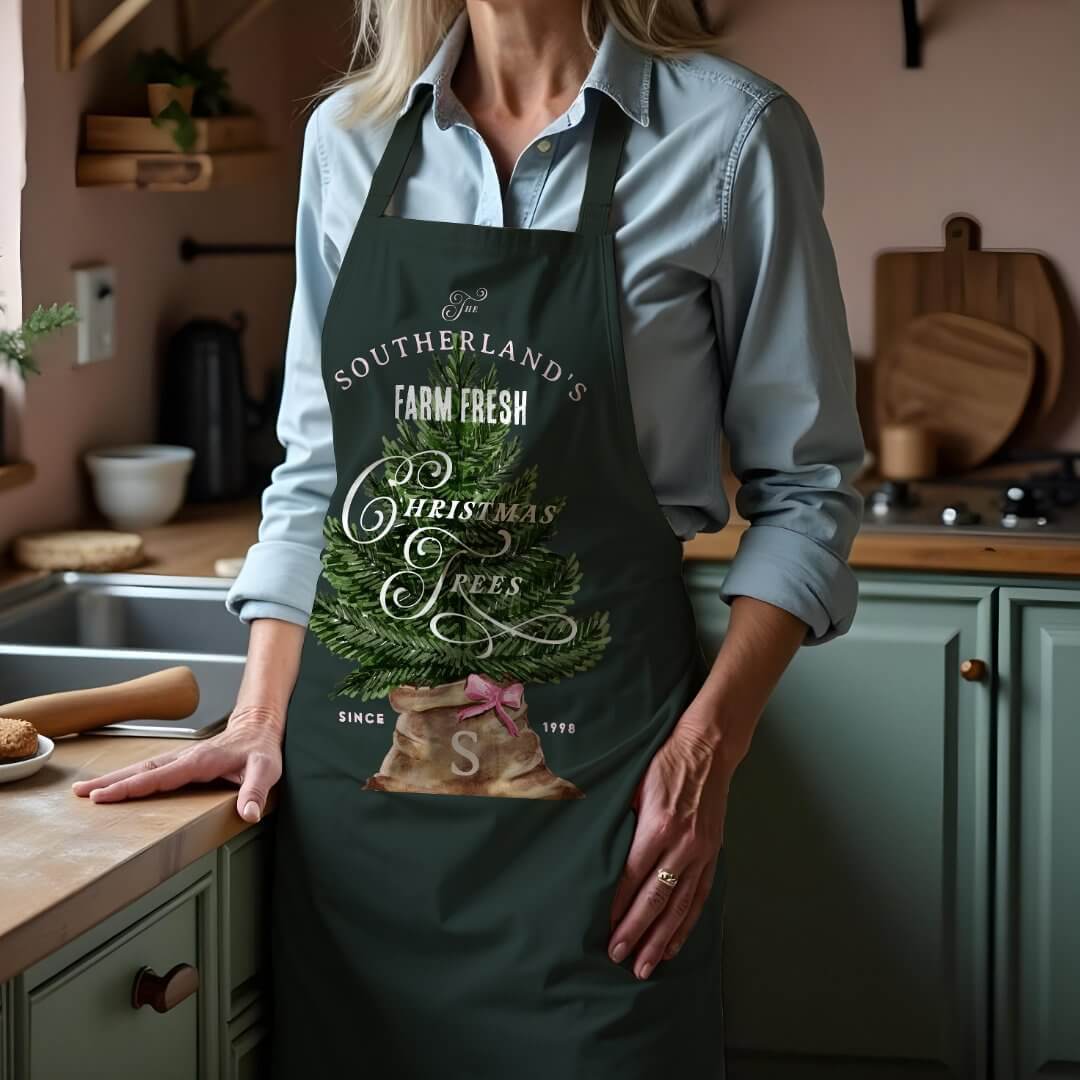 Pink Retro Fun Vintage Farm Fresh Tree Monogram Apron