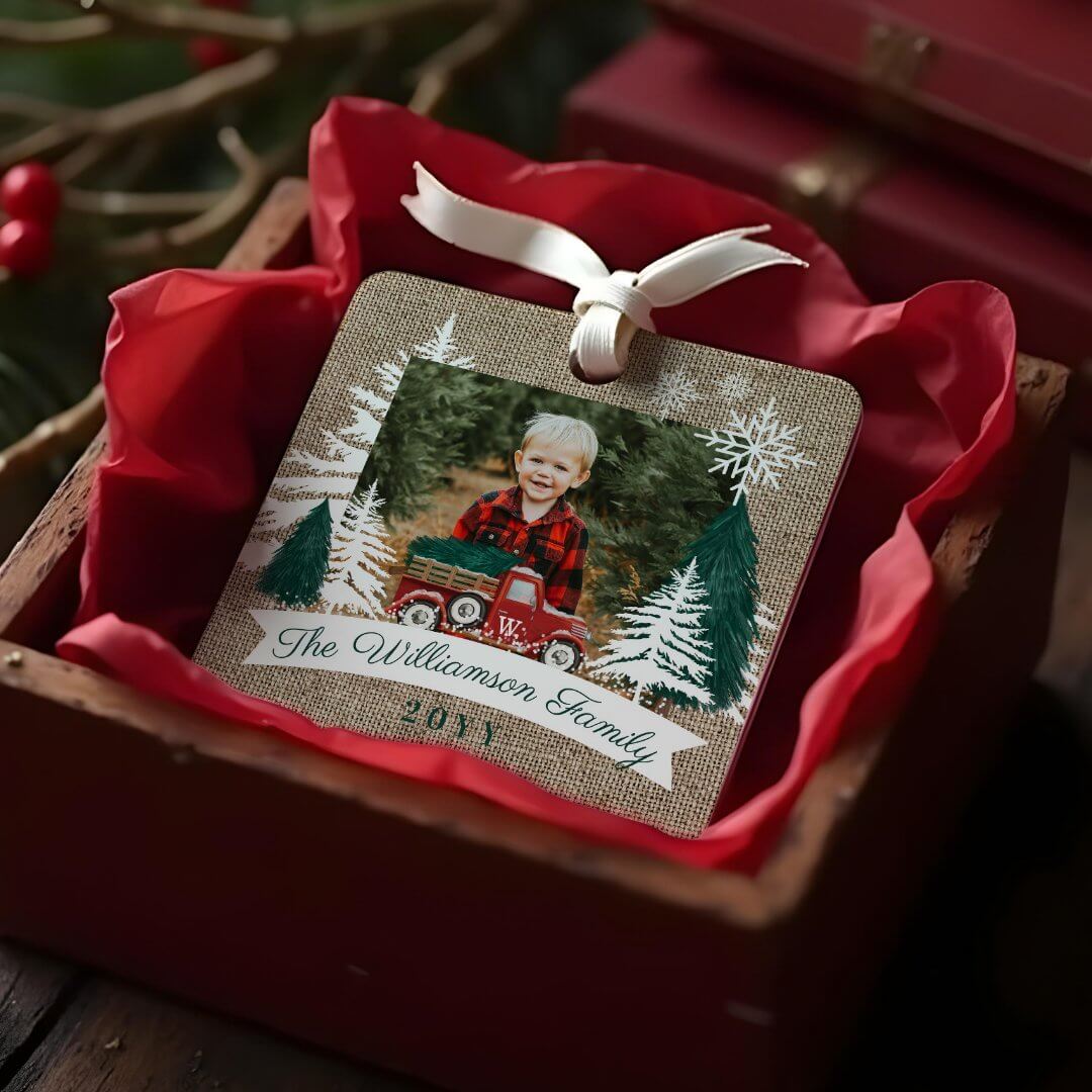 Red Truck Christmas Tree Delivery Burlap Photo Metal Ornament