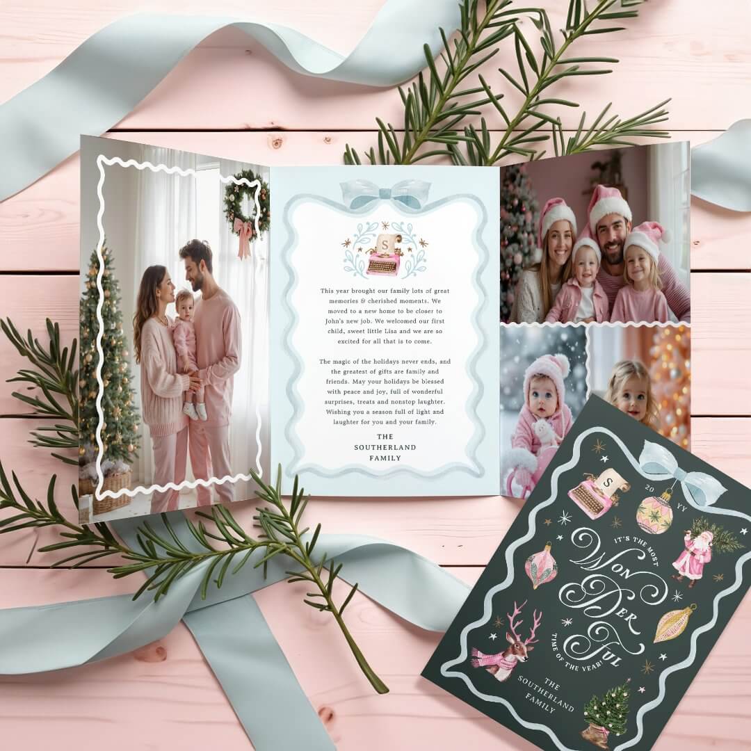 Retro Christmas Blue Ribbon Family Photo Gallery Tri-Fold Holiday Card