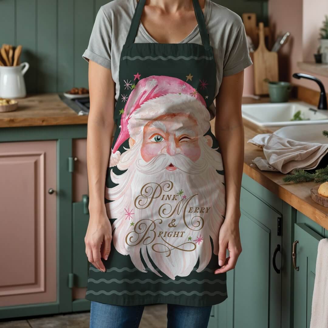 Retro Vintage Merry & Pink Watercolor Santa Claus Apron