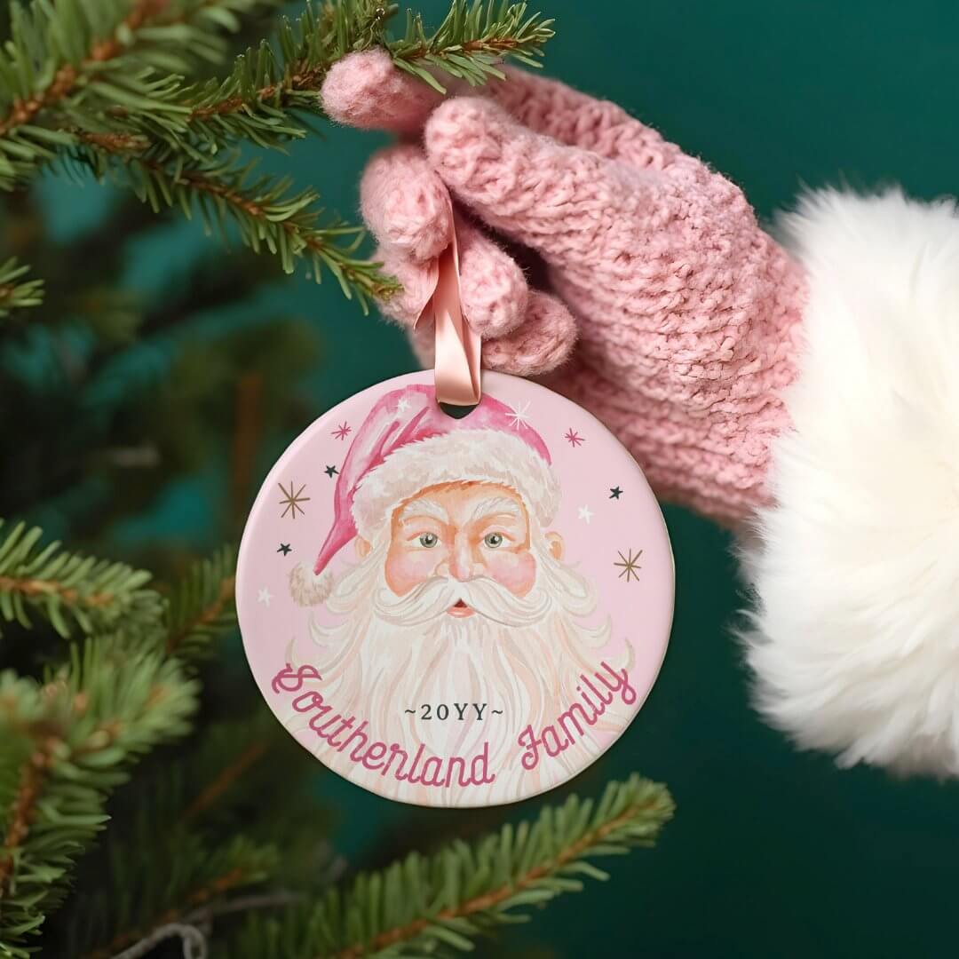 Retro Vintage Merry & Pink Watercolor Santa Claus Ceramic Ornament