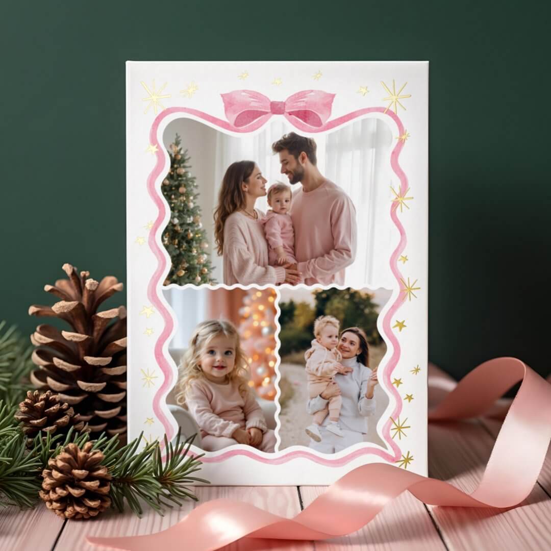 Retro Wavy Pink Bow Ribbon & Stars Photos Collage Foil Holiday Card
