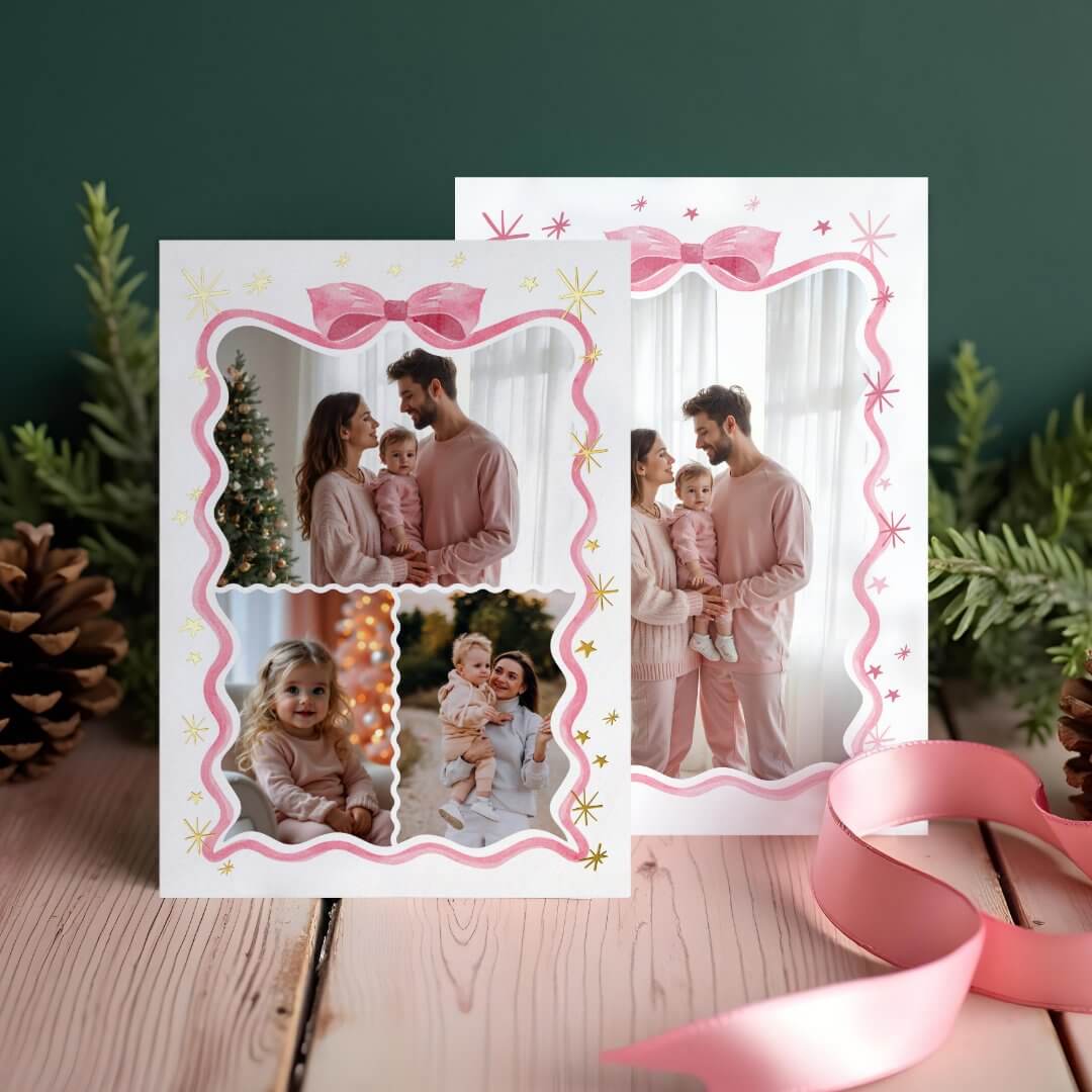 Retro Wavy Pink Bow Ribbon & Stars Photos Collage Foil Holiday Card