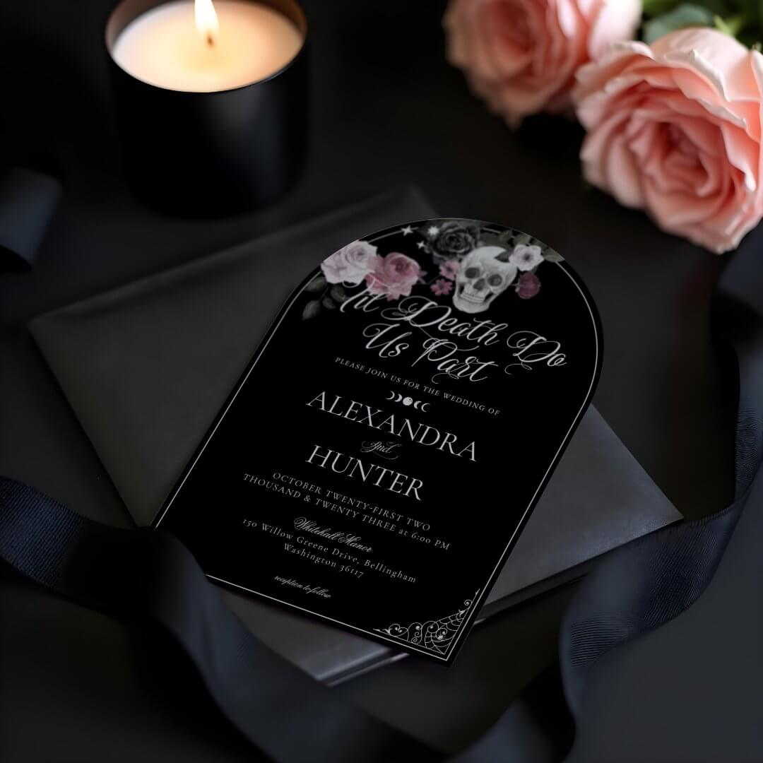 Til Death Watercolor Skull Rose Gothic Wedding Arch Invitation