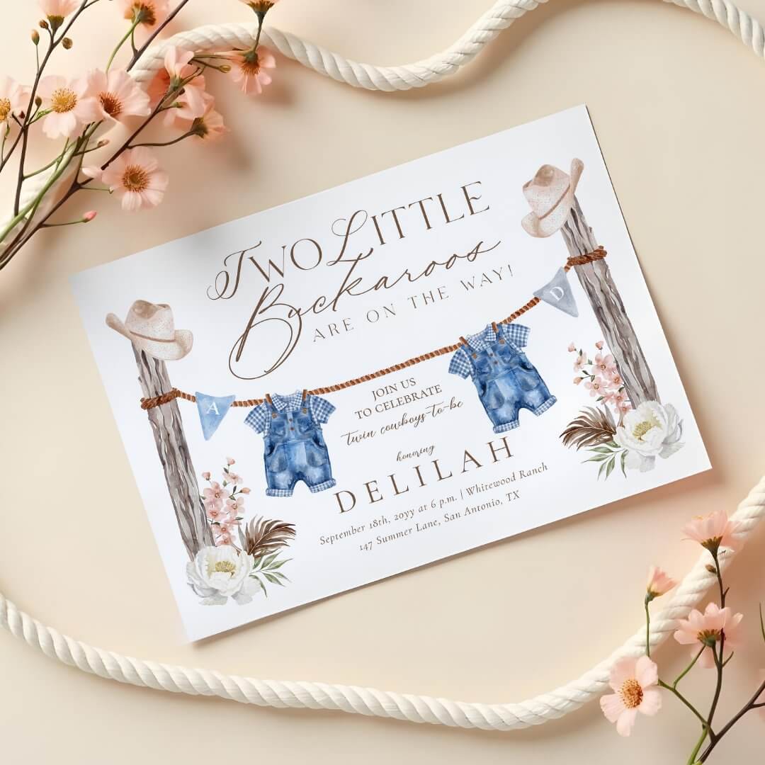 Two Twin Buckaroos Are on The Way Baby Shower Invitation