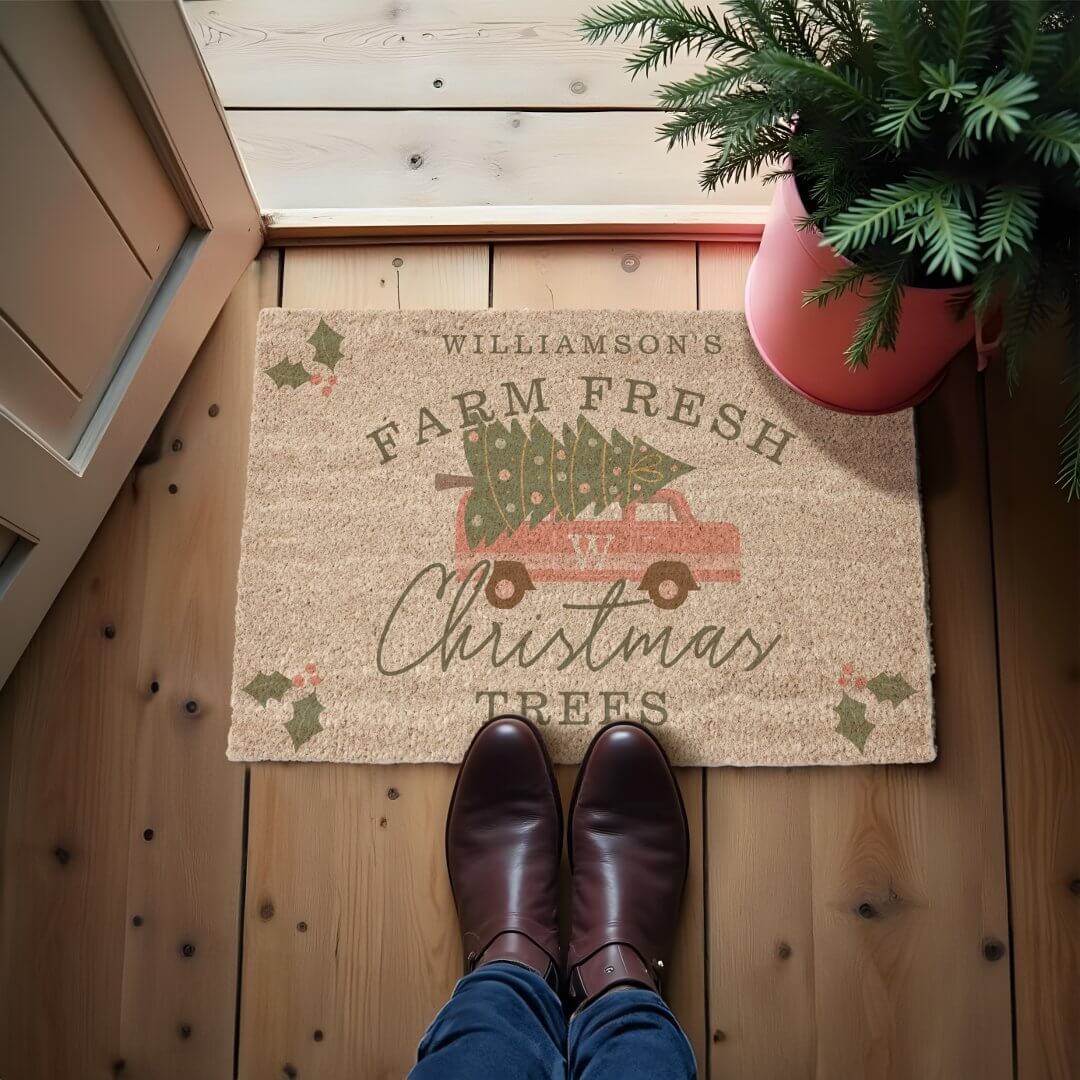 Vintage Chic Pink Van Farm Fresh Christmas Trees Doormat