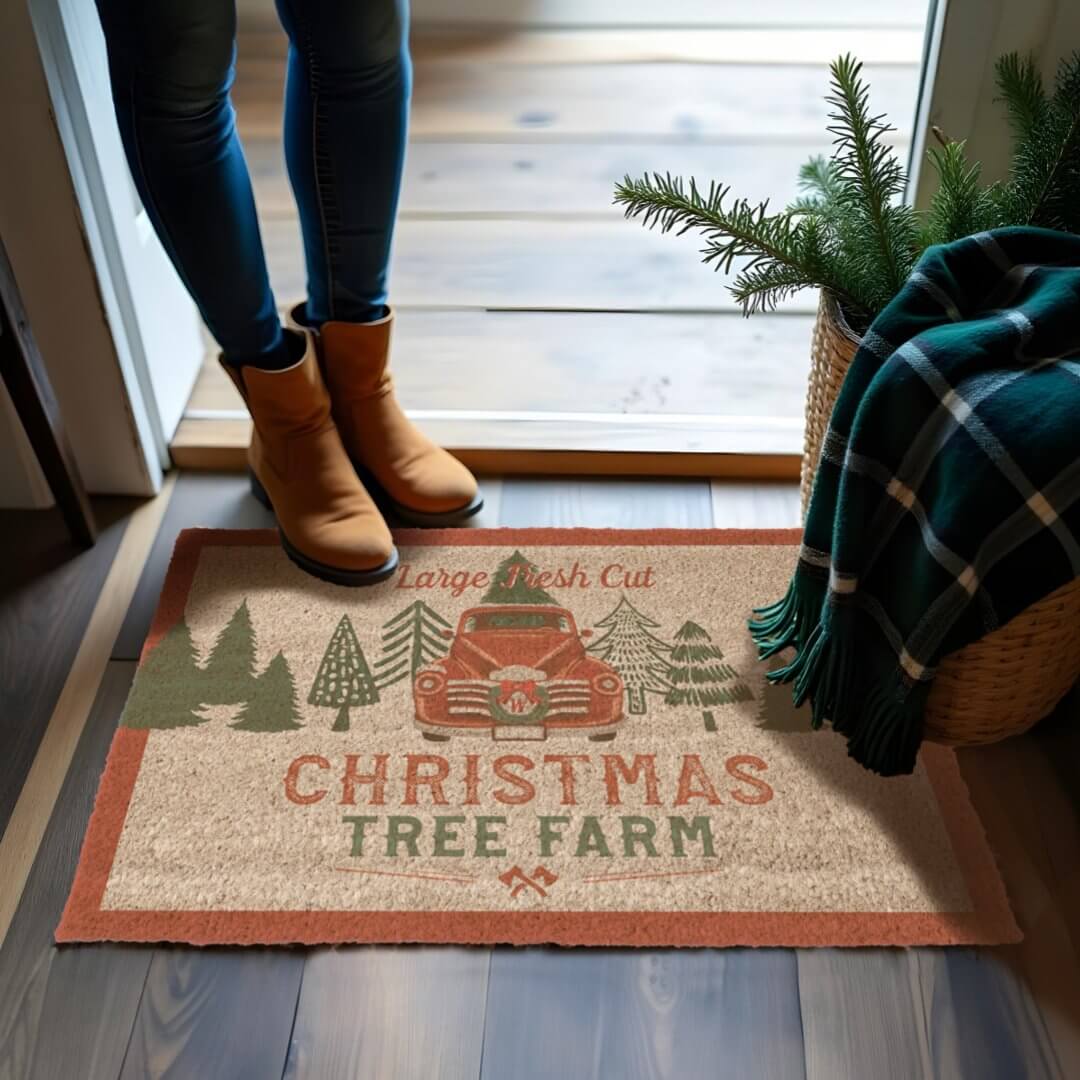 Vintage Rustic Fresh Cut Christmas Trees Red Truck Doormat